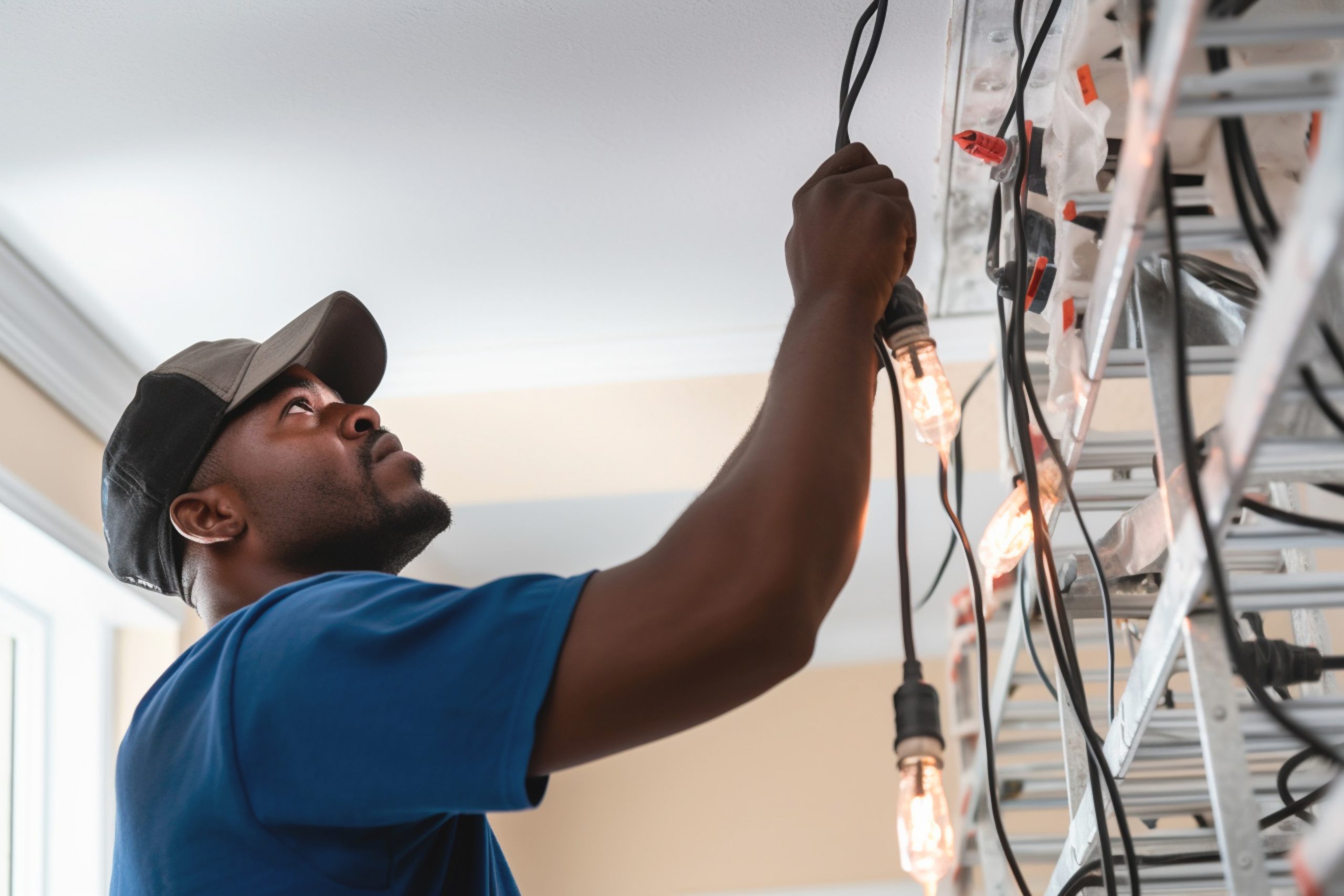 Naval electrician performing maintenance services on electrical systems. Electrical service